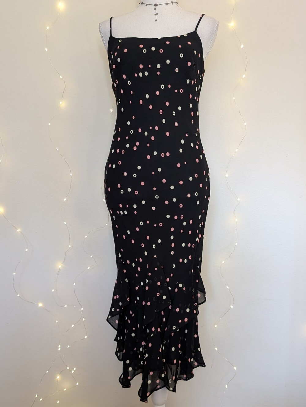 Joseph Ribkoff Black Midi Slip Dress with Pink and Cream Polka Dots